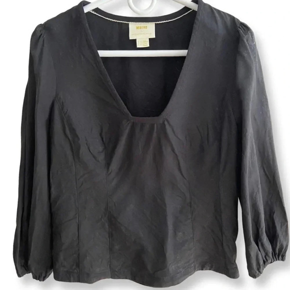 Anthro Maeve Becca Linen Blend Square Neck Puff Sleeve Black Blouse Size 2 - Picture 2 of 11